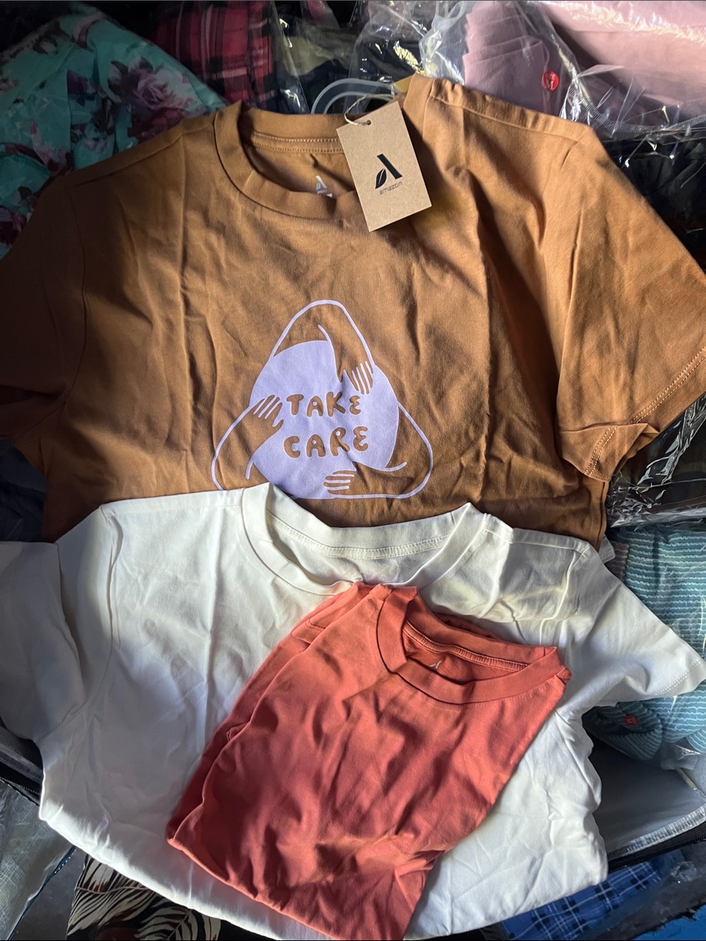 Amazon Kids 'Take Care' Graphic Tee in Brown with White Accent